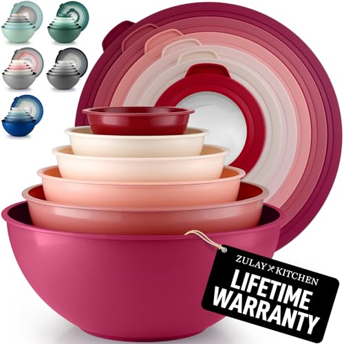 Zulay Kitchen 12 Piece Plastic Mixing Bowls with Lids Set - Leak-Proof Microwave & Freezer Safe Stackable Mixing Bowl Set for Preparing, Serving and Storing - Non-Slip Large Nesting Bowls (Red Ombre) - color: Red