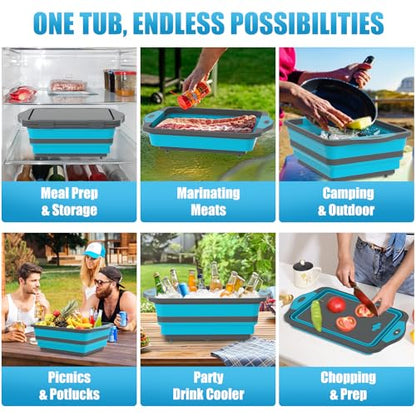 HI NINGER BBQ Prep Tub with Lid, Collapsible Camping Sink with Colander, Cutting Board & Knife Set for Grilling, Smoking & Outdoor Cooking, Collapsible Wash Basin for RV Camping Essentials - color: Blue grey