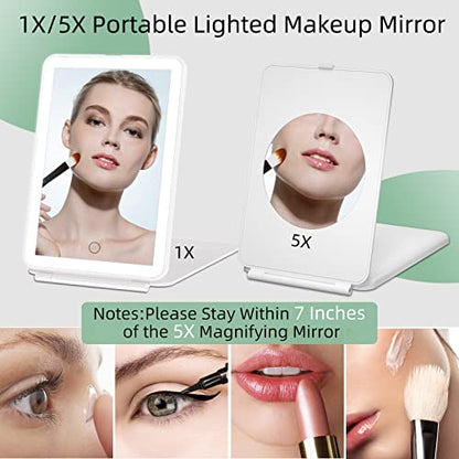 FUNTOUCH Rechargeable Portable Makeup Mirror with 72 LED Lights, Travel Lighted 1X/5X Magnification, 3 Color Lighting,Dimmable Touch Screen, Tabletop Folding Cosmetic Lights - color: Bright White