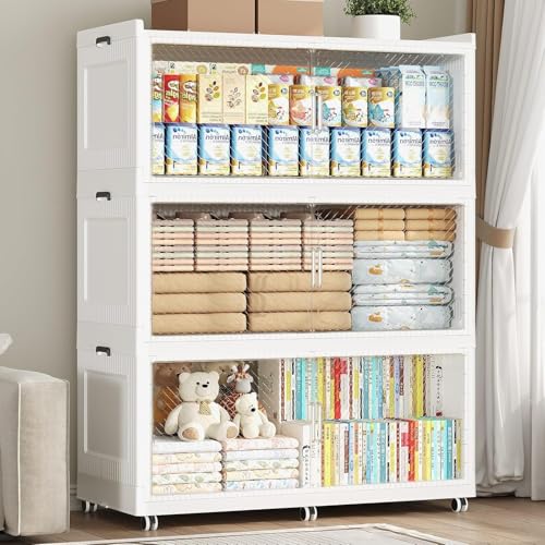 600QT Storage Bins with Lid Extra Large Stackable Closet Organizer Plastic Container Box, 150Gal 3-Tier Collapsible Cabinet with Wheels and Doors for Living Room Kitchen Office Dorm, White - color: White Clear, size: 200QT-3Pack