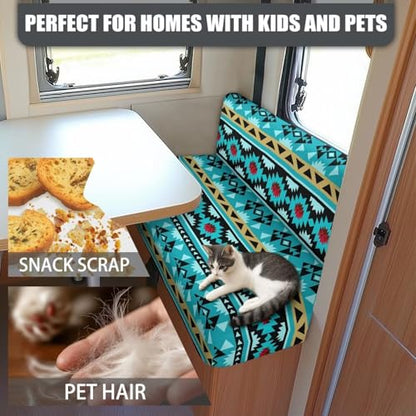 SEANATIVE RV Dinette Cushion Covers Stretch Blue Aztec Printed RV Sofa Seat Slipcovers Replacement Non-Slip Camper Cushion Slipcovers Washable RV Dinette Seat Covers - color: Blue Aztec Print