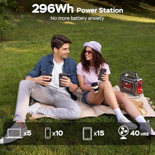 MARBERO Portable Power Station 350W Peak Camping Solar Generator Laptop Charger 296Wh Power Bank with AC Outlet 110V with Multi-Output LED Flashlights for CPAP Home Camping Hurricane Emergency - color: Red