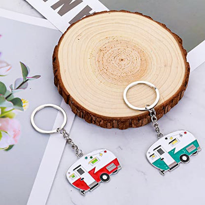 Thinp 2 Pieces Camper Keychain, RV Camper Keyring Accessories for Travel Trailers Enameled Metal Retro Camping Car Keychain - color: Red, Green