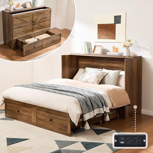 AMERLIFE Queen Murphy Bed Cabinet with Charging Station and Storage, Farmhouse Foldable Platform Bed for Guest Room, Office, Small Spaces, Barnwood - color: Barnwood, size: Queen