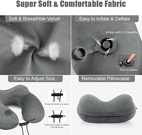 Inflatable Travel Neck Pillow for Airplanes, Super Soft Velvet Neck Support, Adjustable Firmness, Blow Up Plane Pillow for Long Flights, Road Trips, Travel Essentials with Eye Mask, Earplug - color: Premium Grey