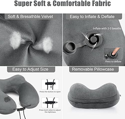 Inflatable Travel Neck Pillow for Airplanes, Super Soft Velvet Neck Support, Adjustable Firmness, Blow Up Plane Pillow for Long Flights, Road Trips, Travel Essentials with Eye Mask, Earplug - color: Premium Grey