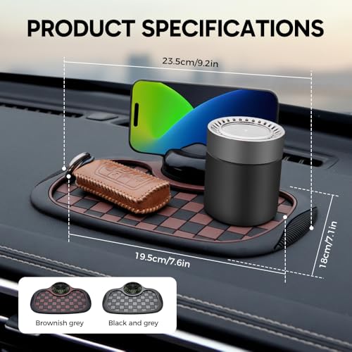Multifunction Car Anti Slip Mat, 360° Rotatable Phone Holder Dashboard Pad with Temporary Parking Number, Anti Skid Organizer for Phone Sunglasses Keys (Brown-Gray Checkered Pattern) - color: Brown-Gray Checkered Pattern