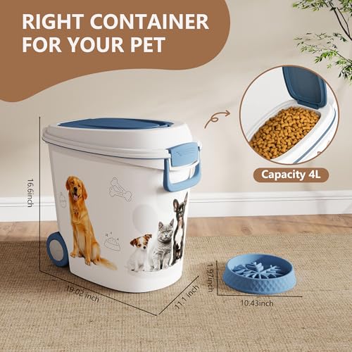 Pet Food Storage Container with Wheels Resin Capacity Dog Food Container with Slow Feeder Bowl and Scoop Easy to Move to Keep Food Fresh for Dogs, Cats, Birds（Blue&white,Quantity 1） - color: Blue&white