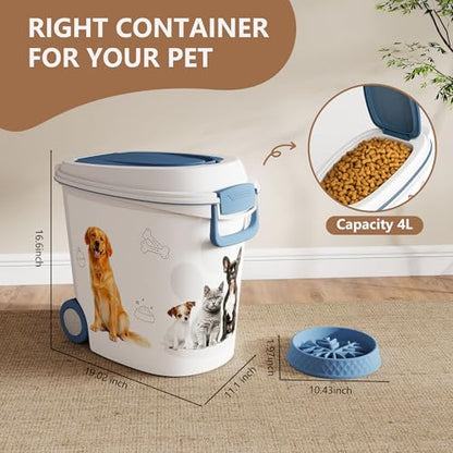 Pet Food Storage Container with Wheels Resin Capacity Dog Food Container with Slow Feeder Bowl and Scoop Easy to Move to Keep Food Fresh for Dogs, Cats, Birds（Blue&white,Quantity 1） - color: Blue&white