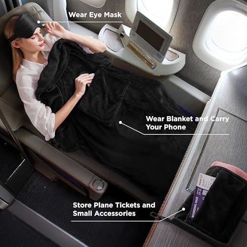 Bedsure Travel Blanket Airplane Compact with Storage Bag, Packable Blanket with Eye Mask, Lightweight 2-in-1 Travel Essentials, Functioned as Pillow for Airplane Comfort and Warmth, Black - color: Black