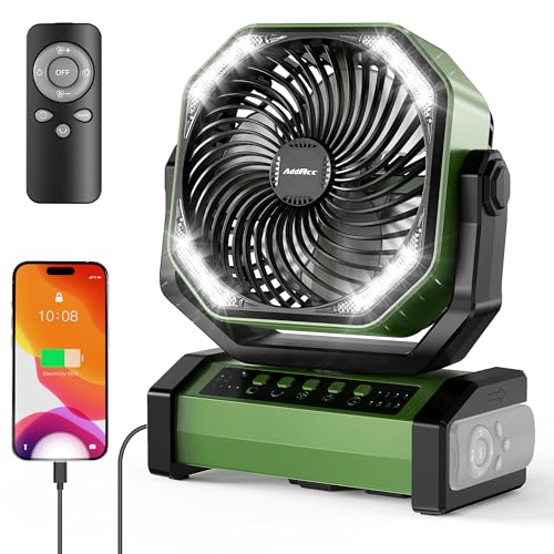 AddAcc 20000mAh Rechargeable Camping Fan - Battery Operated Fan with Light & Remote, Auto Oscillating, 4 Timer, 60 Hrs Work Cordless Tent Fan for Travel Outdoor RV Garage Power Outage Emergency - color: D12-Green