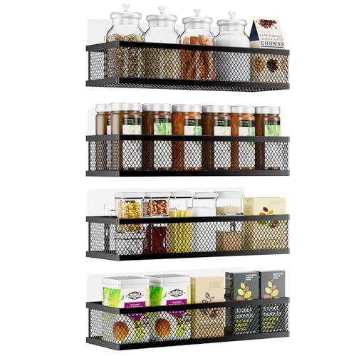 Spice Rack Wall Mount, 4 Pack Pantry Door Organizer & Hanging Storage Baskets Organizer Wall Mount, Large Capacity Metal Spice Shelf for Kitchen Cabinet, Pantry Doors, Bathroom, Shower, Home Decor - color: Black