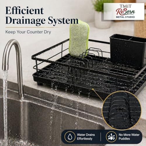 Metal Dish Drying Rack for Kitchen Counter, Black, Sink Organizer with Cutlery Holder, Kitchen Storage and Organization Essentials, for Small Kitchen,11.8 x 15.7 Inch