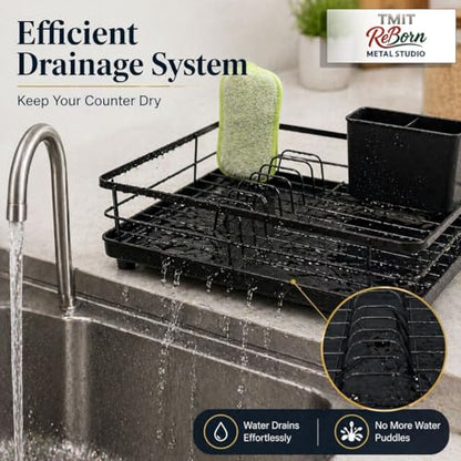 Metal Dish Drying Rack for Kitchen Counter, Black, Sink Organizer with Cutlery Holder, Kitchen Storage and Organization Essentials, for Small Kitchen,11.8 x 15.7 Inch