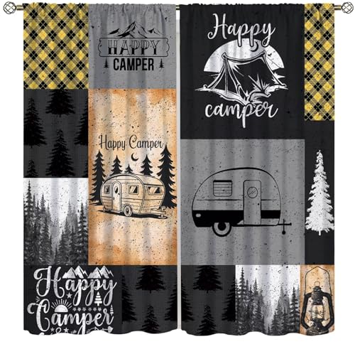 Happy Camping Curtain Kids Camper Botanical Tree Black Brown Camping Car Check Printed Rod Pocket Window Drapes for Bedroom Living Room Decor 42" W X 45" L - color: Camping-11, size: 20.5"W x 45"L (Pack of 2)