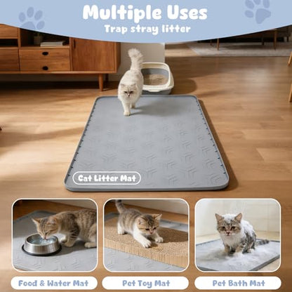 JUJOMAT Cat Litter Box Mat, 40"*28" Large Silicone Cat Litter Trapping Mat Non-Slip Gray Kitty Litter Mat for Indoor Cats, Waterproof Pet Food Mats Easy to Clean & Soft on Kitty Paws - size: 40"L x 28"W