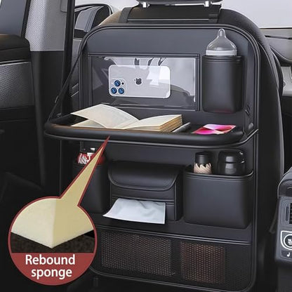 Car Backseat Tray Table with Organizer, Foldable Car Seat Back Organizer with Desk, Nappa Leather, Holds 27 lbs, Laptop Table for Kids Eating, Travel & Office, Waterproof Kick Mats - color: Ycpasta