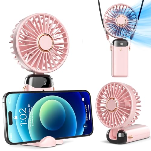 Koonie Portable Handheld Fan, Battery Operated Fan with Base, 8 Hours, Digital Display, 5 Speeds, 90° Ajustable, Rechargeable Mini Fan for Outdoor Indoor - color: pink