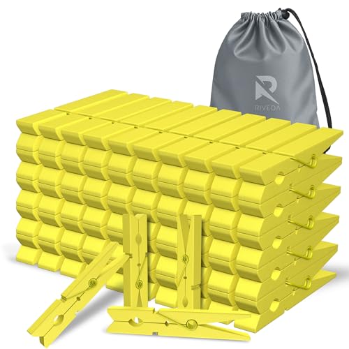 RIVEDA 50pcs Colored Wooden Clothes Pins, 2.9inch, Clothespins for Classroom, Clip Hanging Photos, DIY Clips for Crafts, Decorations (Yellow) - color: Yellow