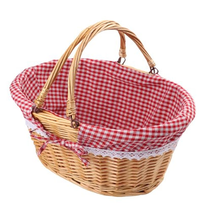 GNIEMCKIN 1 Pack 14 Inch Wicker Basket with Handle, Wicker Picnic Baskets with Checkered Liner, Oval Willow Woven Basket for Fruit, Wine, Wedding, Picnic - size: 1 Pack 14 Inch