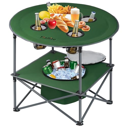 Portable Lightweight Folding Camping Table - Collapsible Foldable Picnic Camp Table with Cooler 4 Enlarged Upgraded Cup Holders and Carry Bag for Tailgating Beach BBQ RV Hiking Party Travel