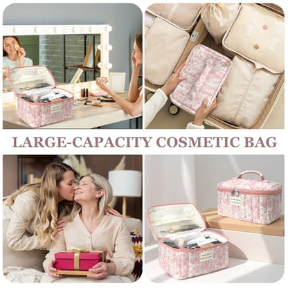 Gosect Large Makeup Bag, Cute Cosmetic Bag for Women Girls, Floral Coquette Aesthetic Toiletry Bag, Travel Make Up Organizer Bag (Crushed Flower) - color: 026Crushed Flower