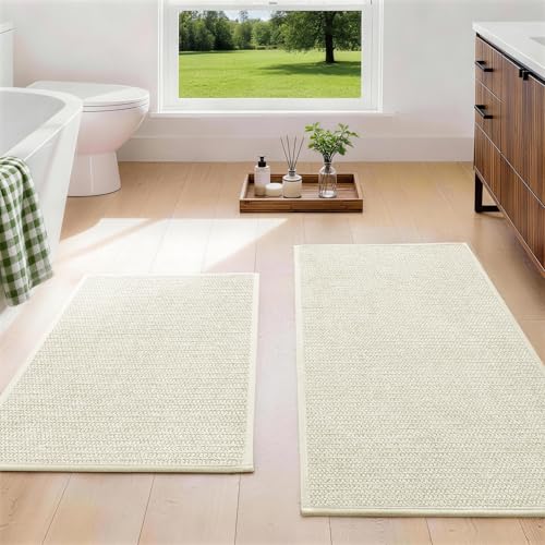YIHOUSE Beige Bathroom Rugs Sets 2 Piece, Quick Dry Thin Bath Mat, Non Slip Absorbent Machine Washable, Bath Rugs for Bathtub Sink Home Decor (17"x24" + 17"x32") - color: Beige, size: 17"x24"+17"x32"