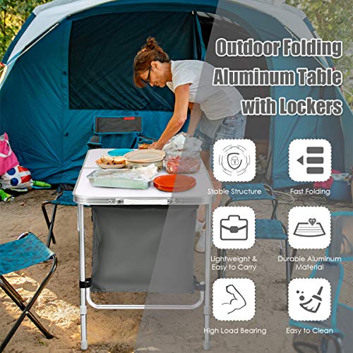 Goplus Folding Camping Table with Storage, Aluminum Outdoor Camp Table with 2-Level Adjustable Height, Lightweight Portable Foldable Picnic Table for Tailgating Beach BBQ Party RV
