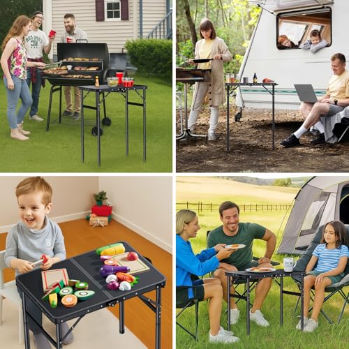 Portable Folding Camping Table 3-Level Height Adjustable Picnic Table with Aluminum Frame and Carry Handle, Lightweight Small Foldable Outdoor Side Table for Camping Travel Beach Hiking RV Indoor Use