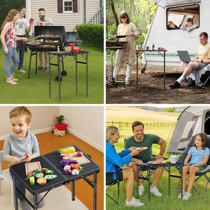 Portable Folding Camping Table 3-Level Height Adjustable Picnic Table with Aluminum Frame and Carry Handle, Lightweight Small Foldable Outdoor Side Table for Camping Travel Beach Hiking RV Indoor Use