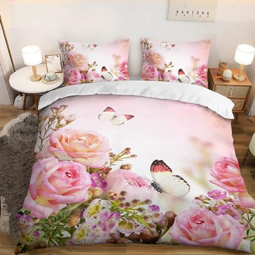 AILONEN 3D Pink Rose Duvet Cover King Size, Roses with Butterfly Bedding Set for Girls Women,Romantic Moment Comforter Cover,Pink Theme Duvet Cover,1 Quilt Cover 2 Pillowcases,3 PCS - color: Rose116, size: King