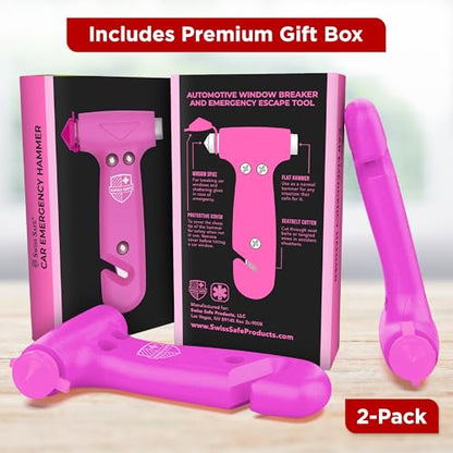 Swiss Safe 5-in-1 Emergency Car Safety Hammer – Car Window Breaker & Seatbelt Cutter, Heavy-Duty Escape Tool for Vehicle Emergencies and Auto Kits – Pink, 2 Pack - color: Pink, size: 2-Pack