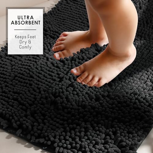 Hearth & Harbor Bathroom Rugs, Chenille Bath Mat - Machine Washable Bath Mats for Bathroom Non-Slip Backing Rubber, Quick Dry Bathroom Mat - color: Black, style: 17 x 24 + 20 x 32