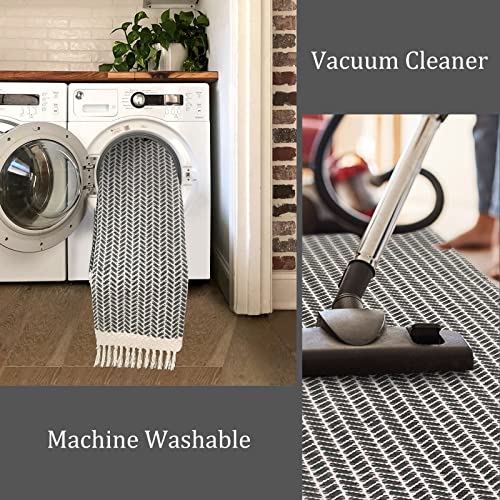 Lahome Belle Boho Hallway Runner Rug, 2x6 Laundry Room Lightweight Entry Bathroom Woven Cotton Throw Mat with Tassels, Farmhouse Non Shedding Washable Grey Rug Low Pile Runner for Kitchen - color: Grey, size: 2' x 6' (Runner)