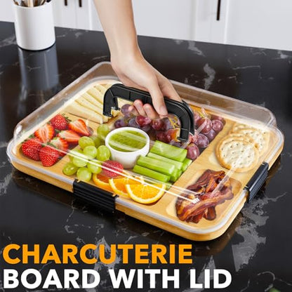 SpaceAid Charcuterie Board with Clear Lid, Portable Travel Cheese Cutting Boards for Picnic Accessories, Bamboo Serving Tray with Lids, House Warming Gifts, Black Handles, 5 Compartments - color: Black Handles, 5 Compartment