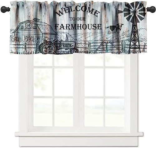 Farmhouse Valances for Windows, Rustic Farm Animal Cow Vintage Western Farm Windmill Barn Door Print Short Window Curtain for Living Room Kitchen,54x18in - color: Farmhouse Animal-2