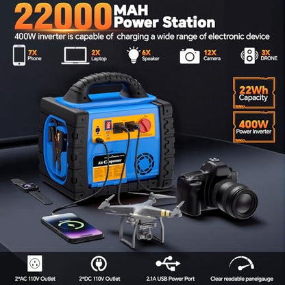 Car Jump Starter with Air Compressor, 2200A Battery Booster Pack for Up to 8.0L Gas & 6.0L Diesel, 150PSI Tire Inflator, 400W Portable Power Station with AC Outlet, 6-in-1 Jump Box for Cars, Trucks - style: 2200AMP