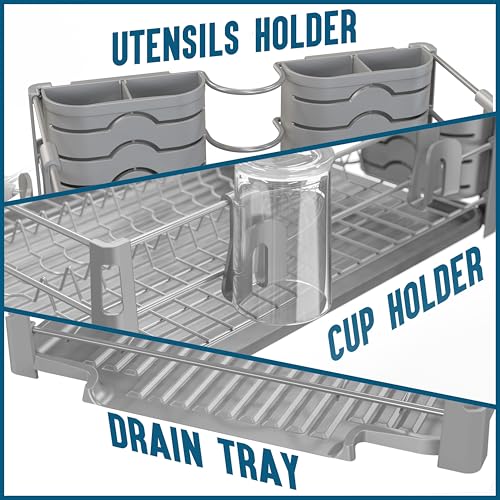 Simple Houseware Dish Drying Rack with Drainboard, Utensil Holder & Mug Hooks, Silver Metal Kitchen Counter Organizer - color: Silver