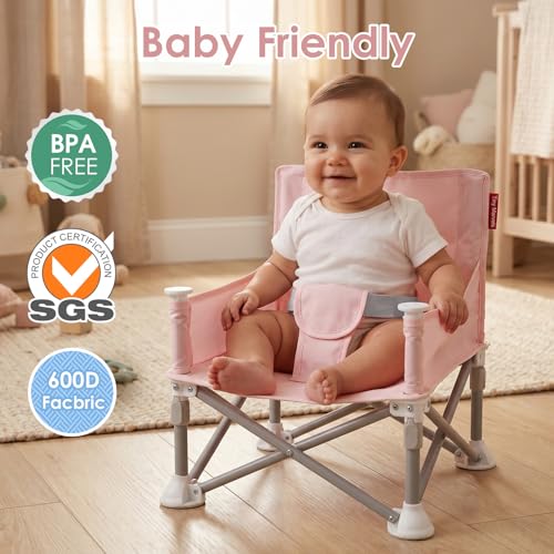 Tiny Marvels Baby Chair, Portable & Foldable for Travel & Beach, Ages 6M-3Y | BPA-Free Material, 3-Point Harness, 3-in-1 Baby Chair, Removable Tray & Carry Bag, Sturdy with Reinforcement, Non-Slip Feet - color: Pink