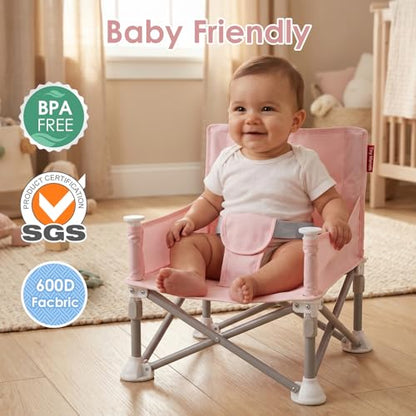 Tiny Marvels Baby Chair, Portable & Foldable for Travel & Beach, Ages 6M-3Y | BPA-Free Material, 3-Point Harness, 3-in-1 Baby Chair, Removable Tray & Carry Bag, Sturdy with Reinforcement, Non-Slip Feet - color: Pink