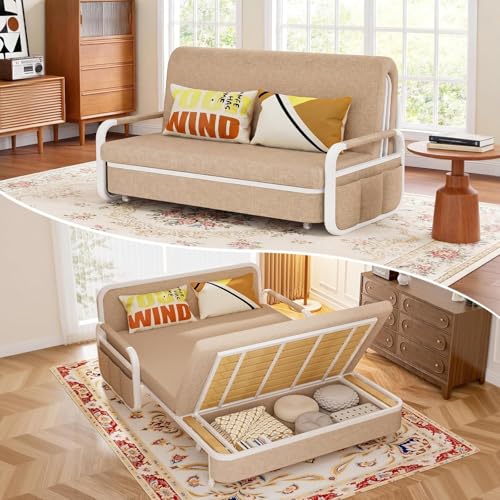 62" Pull Out Sofa Bed, 3 in 1 Convertible Sleeper Sofa, Full Size Loveseat Couch Bed with Storage, Trundle and 2 Pillows for Living Room, Bedroom, Dorm, RV,Office (Saddle Tan 809) - size: 62"- Full Size
