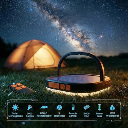 Solar Lantern Remote Control 5000mAh Rechargeable LED Light Camping Essentials 2000 Lumens 5 Light Modes IPX5 Waterproof with USB Charging Lanterns for Power Outages, Fish, Emergency, and Home - style: Remote