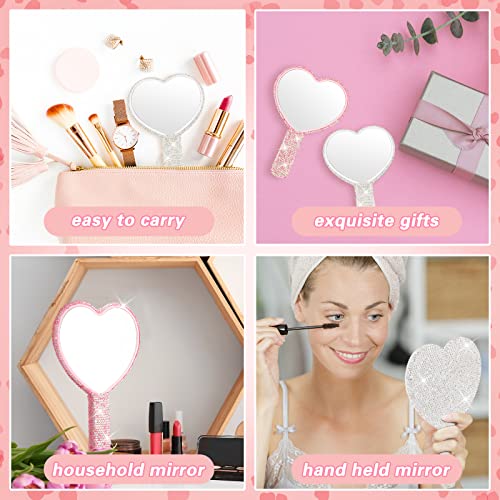 Tatuo 2 Pcs Large Rhinestone Handheld Mirror Heart Shaped Bling Glitter Portable Cosmetic Hand Mirror with Handle for Women Make up Brush Lash(Pink and White)