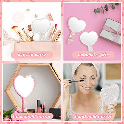 Tatuo 2 Pcs Large Rhinestone Handheld Mirror Heart Shaped Bling Glitter Portable Cosmetic Hand Mirror with Handle for Women Make up Brush Lash(Pink and White)