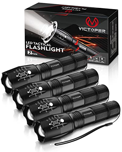 Victoper LED Flashlight 4 Pack, Bright Tactical Torch High Lumens with 5 Modes, Waterproof Zoomable Flash Light for Outdoor, Birthday Gifts for Men, Dorm Room Hiking Camping Essentials Gear for Guys - color: Black, size: 4 PACK