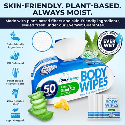 XL Body Wipes for Adults Bathing – 50 Ct + 4 Travel Shower Wipes 10 x 11.5" Thick Cleansing No Rinse Bath Wash Sheets for Elderly, Incontinence, Men & Women, Camping Essentials Disposable Washcloths - size: 54 Count (Pack of 1)