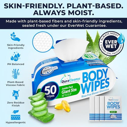 XL Body Wipes for Adults Bathing – 50 Ct + 4 Travel Shower Wipes 10 x 11.5" Thick Cleansing No Rinse Bath Wash Sheets for Elderly, Incontinence, Men & Women, Camping Essentials Disposable Washcloths - size: 54 Count (Pack of 1)