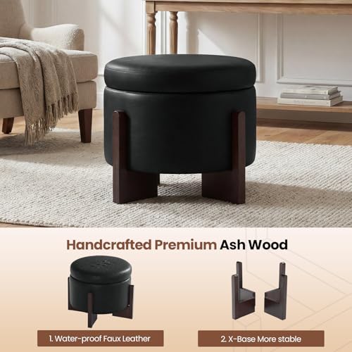 Faux Leather Round Ottoman, 22 Inch Storage Ottoman,PU Leather Ottoman,Multi-Functional Footrest for Living Room & Bedroom,Apartments (Black, Round) - color: Black