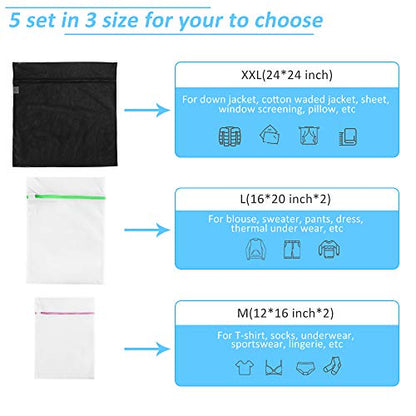 GOGOODA Mesh Laundry Bags for Delicates Durable Protective Wash Bags Travel Storage Bags for Intimates Lingerie, 5PCS (1XXL,2L,2M) - size: 1XXL,2L,2M