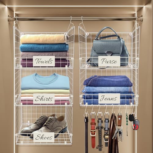 DECOLURE 5-Tier Adjustable Hanging Closet Organizer – Maximize Hanging Storage w/ 4 Hanging Hooks, 8 S Hooks & 5 Name Plates - Sturdy Foldable Wire Storage Hanging Shelves for Clothes, Towels (White) - color: White